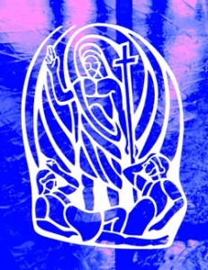 RESURRECTION Christ rises from his tomb in this depiction by Teresa Wo Ye at St Ignatius cathedral in Shanghai, China. (CNS photo: Nancy Wiechec)