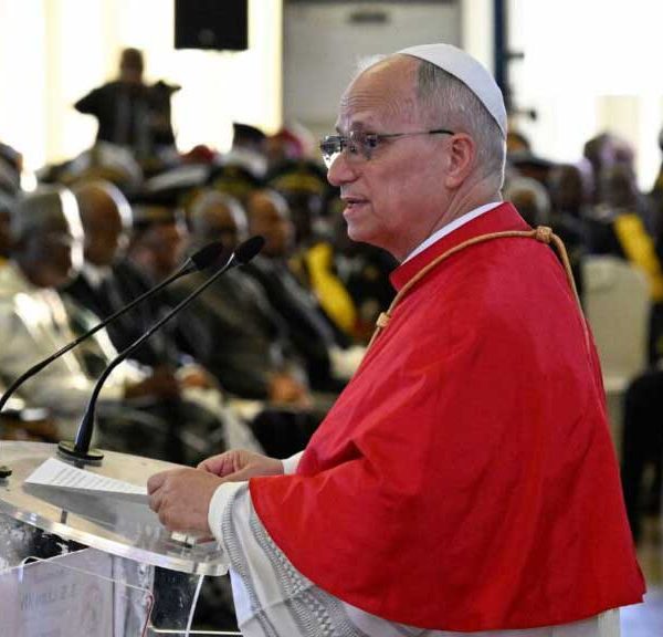 Pope Leo XIV speaks to clergy and Cameroonian officials at the Presidential Palace in Yaoundé, Wednesday, April 15, 2026. | Credit: Vatican Media