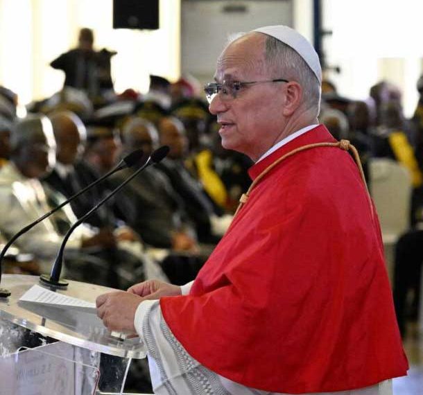Pope Leo XIV speaks to clergy and Cameroonian officials at the Presidential Palace in Yaoundé, Wednesday, April 15, 2026. | Credit: Vatican Media