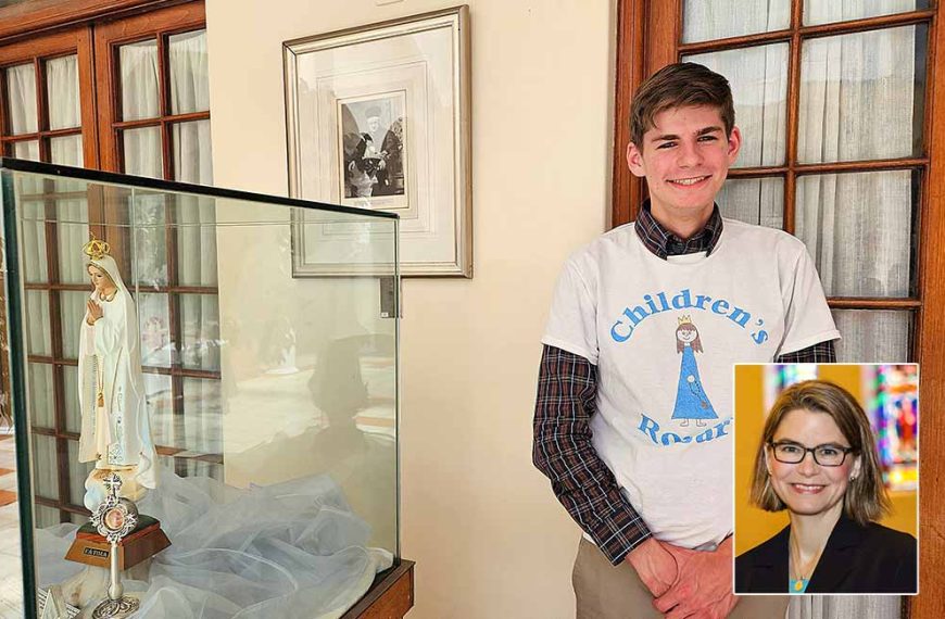 Asher Kaufman in the chancery of Cape Town archdiocese during his visit to South Africa in December 2025. He has been introducing the Children’s Rosary around the world before entering the seminary in September. Inset: Dr Blyth Kaufman, founder of the Children’s Rosary.