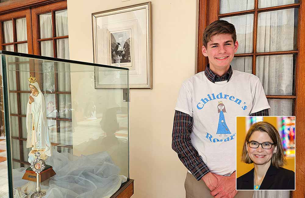 Asher Kaufman in the chancery of Cape Town archdiocese during his visit to South Africa in December 2025 He has been introducing the Childrens Rosary around the world before entering the seminary in September Inset Dr Blyth Kaufman founder of the Childrens Rosary