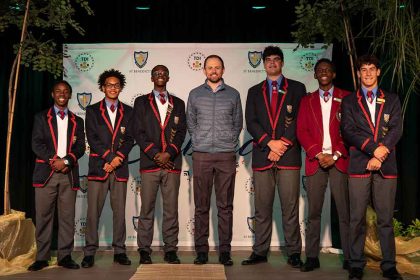 Embrace speaker, Chris Harrison with St Benedict's pupils: From left : Dominic Changamire, Yaseen Diedericks, Jaden Mulena, Leandro Varonou, Bahlebonke Mazibuko, Kieran Fish.