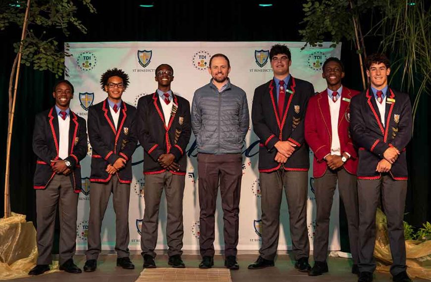Embrace speaker, Chris Harrison with St Benedict's pupils: From left : Dominic Changamire, Yaseen Diedericks, Jaden Mulena, Leandro Varonou, Bahlebonke Mazibuko, Kieran Fish.
