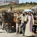 Fr Buti Tlhagale OMI of Regina Mundi church leading a funeral procession in Soweto after Soweto Uprising of 16 June 1976.