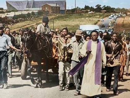 Fr Buti Tlhagale OMI of Regina Mundi church leading a funeral procession in Soweto after Soweto Uprising of 16 June 1976.