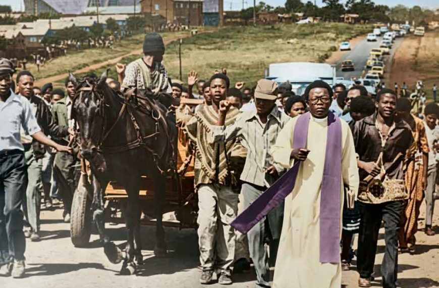 Fr Buti Tlhagale OMI of Regina Mundi church leading a funeral procession in Soweto after Soweto Uprising of 16 June 1976.