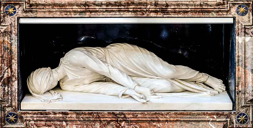 A sculpture of St Cecilia by Stefano Maderno who said that it accurately shows how he witnessed her incorrupt body when it was exhumed in 1599 at her tomb in the basilica of St Cecilia in Trastevere in Rome