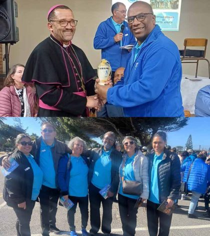 Top: Archbishop Sithembele Sipuka receives a commemorative candle from Winston Fortuin, Cape Town Central president. Bottom: SSVP Members gather at the Maitland Cemetery.