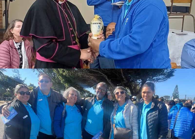 Top: Archbishop Sithembele Sipuka receives a commemorative candle from Winston Fortuin, Cape Town Central president. Bottom: SSVP Members gather at the Maitland Cemetery.