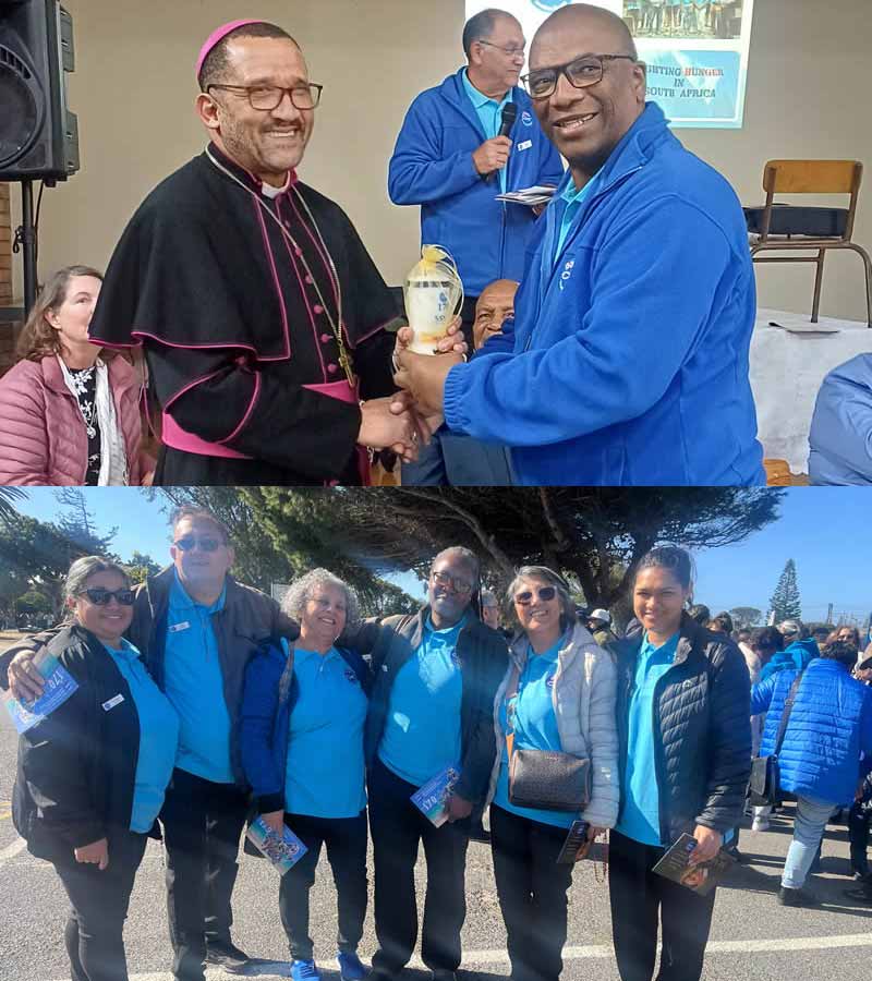 Top Archbishop Sithembele Sipuka receives a commemorative candle from Winston Fortuin Cape Town Central president Bottom SSVP Members gather at the Maitland Cemetery